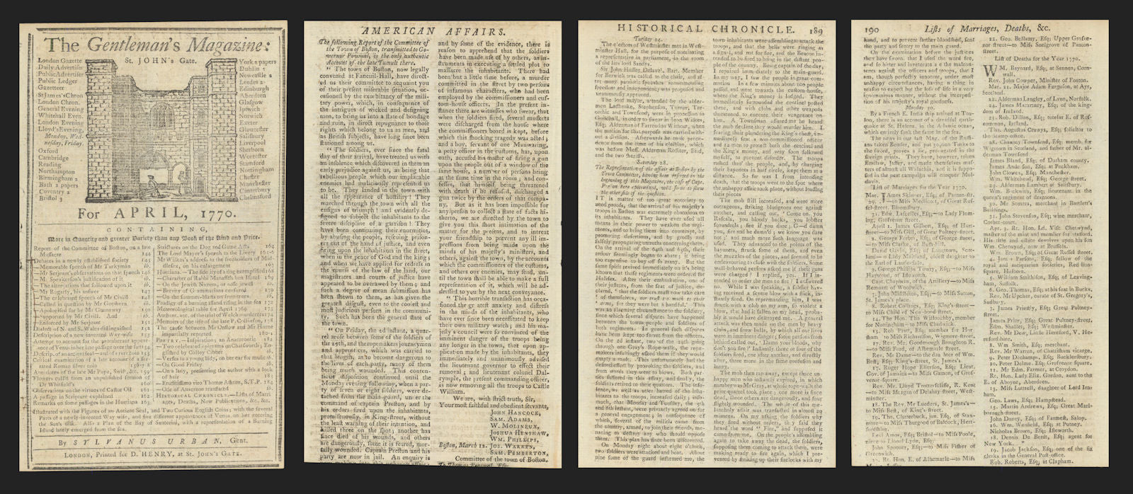Report of the Boston Massacre by the Boston Town Committee in the Gents Mag 1770